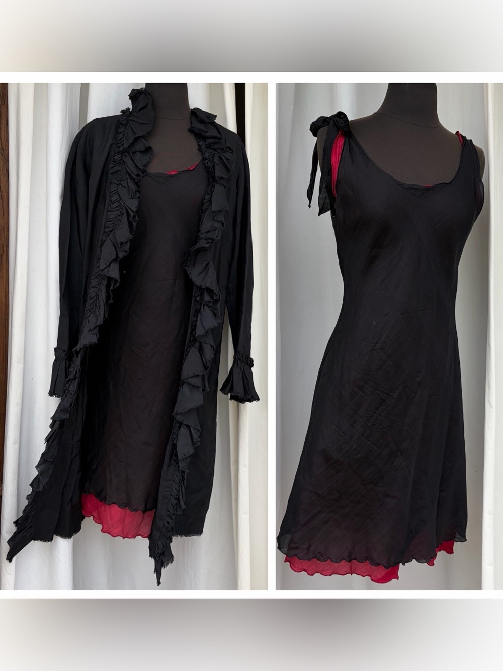 Vintage 100% Silk Yellow Lotus Black & Red Midi Slip Dress & Black Ruffle Jacket